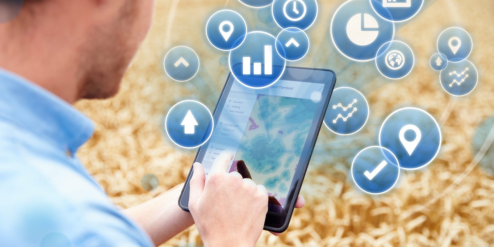 Composite Of Farmer In Field Accessing Data On Digital Tablet