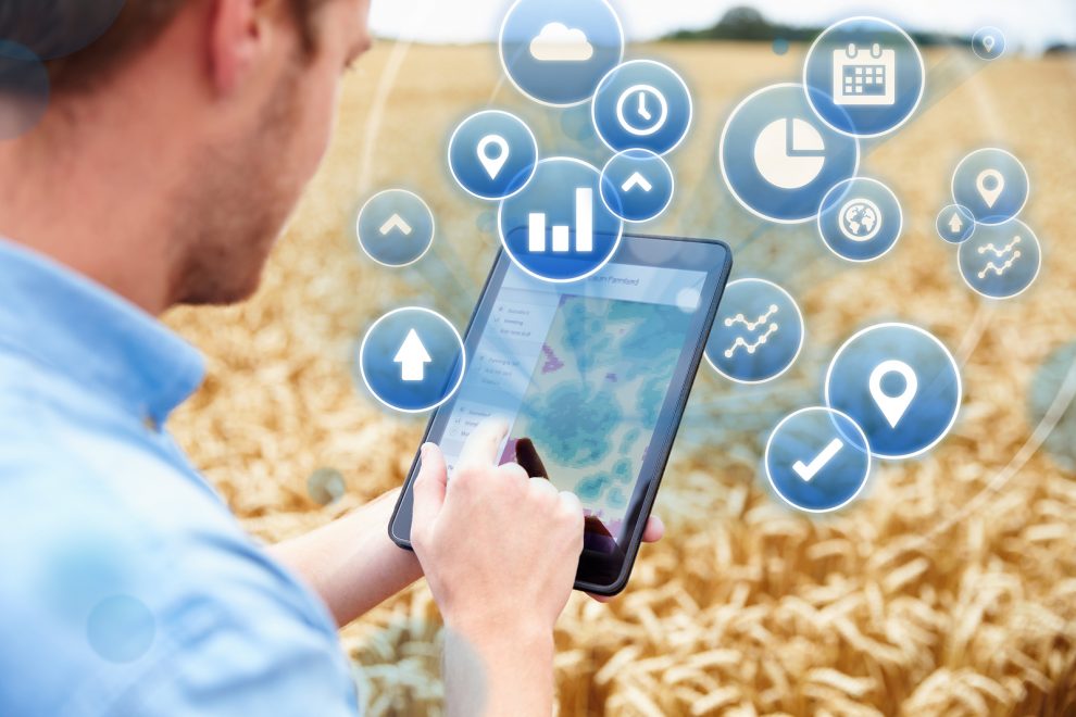 Composite Of Farmer In Field Accessing Data On Digital Tablet