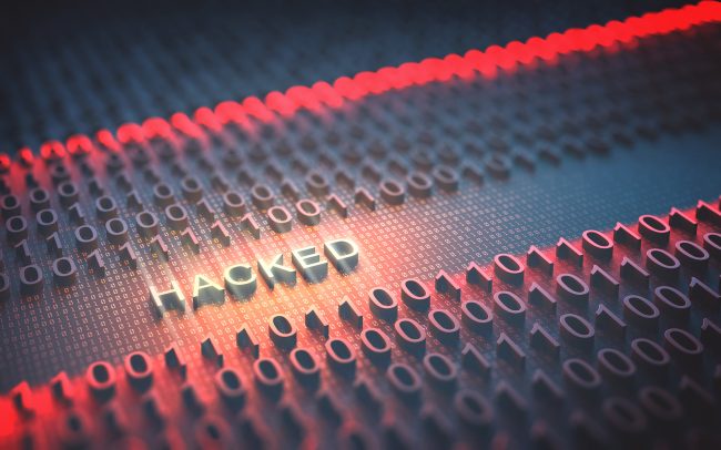3D illustration of binary code interrupted by the word “Hacked”